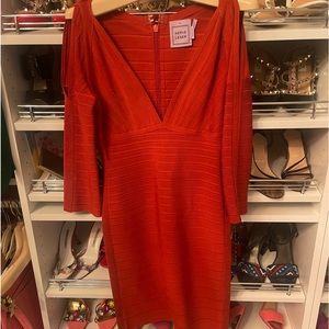 Herve Leger RUST color  MEDIUM low cut with back zipper & 3/4 sleeve 33” length